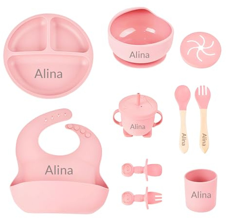 Set de alimentación de silicona personalizado para bebé con nombre, suministros de alimentación personalizada para bebés con cuchara, tenedor, cuencos de silicona con ventosa, taza y plato Rosa Claro