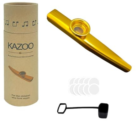 RuiJOTWAT Aluminiumlegering kazoo med 10 kazoo flöjtmembran, en vacker låda och dammhuva för musikinstrument ukulele gitarrpartner, guld