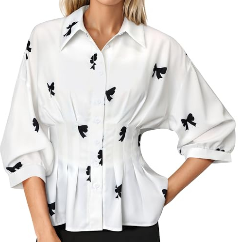 Nlife Women Business Casual Blouse Work Office Peplum Button Down Shirt 3/4 Sleeve Cinched Waist Flattering Top