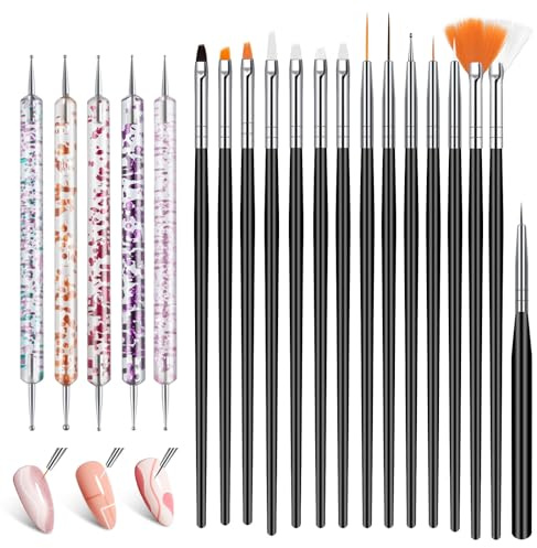 AYBUY Set med 20 nagelborstar, 15 borstar och 5 stansar ingår, akryl för nageldekoration, nagelkonstborste för gör-det-själv-naglar, penslar, detaljer, blandning etc., svart