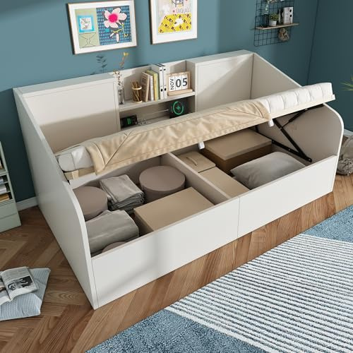 TOBIDOEN Cama de día 90 x 190 cm, cama individual con gran espacio de almacenamiento, cama de madera con 2 estantes, cama juvenil con somier, ahorra espacio, madera, sin colchón (blanco, 90 x 190 cm)