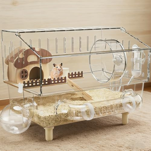 Large Acrylic Hamster Cage, 2-Layer Gerbil Cages with full transparent Viewing Top Open Hamster House with All Accessories Enclosure for Pet Mice, large Habitat, Gerbils 40 * 30 * 34cm