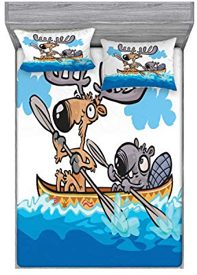 Ambesonne Moose Fitted Sheet & Pillow Sham Set, American Animals Boat Beaver Friend Canoe River Fun Native Characters Cartoon, Decorative Printed 3 Piece Bedding Decor Set, Full, Blue White Brown