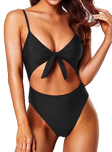 Tempt Me Black Women One Piece Bathing Suits Cutout Tie Knot Front Swimsuits Sexy Monokini M