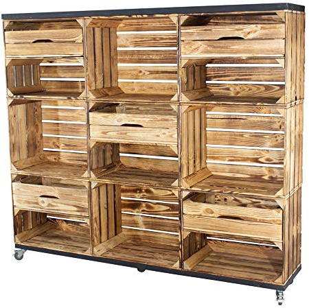 Vintage Möbel 24 GmbH Raumtrenner/Regal aus Kisten und Bohlenbrettern auf Rollen, Kommode 133x150x30cm (Geflammt mit 5 Schubladen)