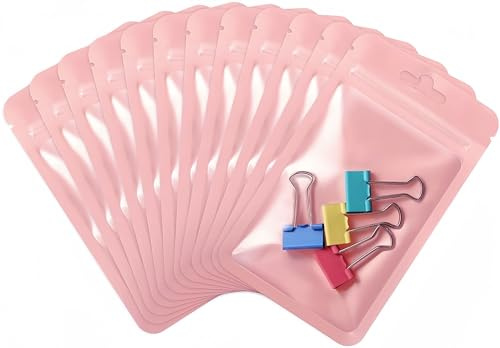 Rimiko 50 Piezas de Bolsas Herméticas Planas con Cierre Zip, Bolsas de Mylar Resellables para Alimentos con Orificio para Colgar, Bolsa Plástica Ziplock para Embalaje del Producto (Rosado, 16x24cm)