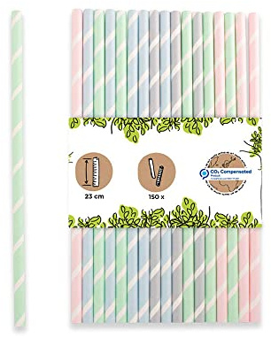 BIOZOYG Pajitas de papel Jumbo 23 cm a rayas color pastel I 0,8 cm de diámetro I Para fiestas o gastronomía I Biodegradable y libre de plástico I Hechas de materiales reciclados I 150 unidades
