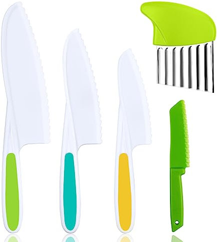 HOTUT Kindermesser, 5 Stück Kinder-Küchenmesser-Set, zum Schneiden und Kochen von Obst oder Gemüse für Kleinkinder, inklusive Geriffeltes Messer, Kunststoff-Kleinkindmesser(Grün)