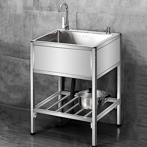 Commercial Kitchen Sink Stainless Steel Stand Alone Sink,Single Bowl Catering Sink with Faucet Outdoor Indoor Bathroom Garden Bar Workstation Free Standing Utility Sink (48x35cm)