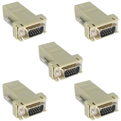 Jienk 5Pcs VGA Extender Over Ethernet Adapter, VGA Male 15Pin to RJ45 Female Extender Transmission Over CAT5 CAT6 Network Cable Connector