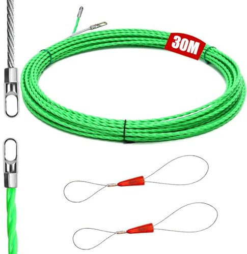 AEUZWR Guia Pasacables 30m, 4,5mm, Guia Pasacables Trenzada, Enhebrador de Alambre Electrico con 2 Muelle de Guía, Kit de Enhebrado de Cables Ideal para Ayuda de Extracción en Espiral, Verde