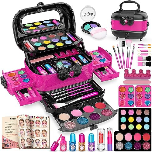 Hollyhi 58Pcs Wirklich Kinderschminke Set, Sicher Waschbar Schminkkoffer Mädchen Schminke Spielzeug, Geburtstag Weihnachten Kinder Make Up Set Mädchen Geschenke 3 4 5 6 7 8 9 10 11 12 Jahre (Rosa)