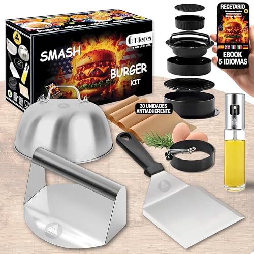 Kit Smash Burger Kit- Set Professionale Smash Burger Kit Certificato in Acciaio Inossidabile Include Smasher spacca Hamburger, Cupola di Fusione, spatola pressa per Hamburger Smash, Spray per Olio
