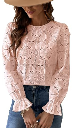 CUPSHE Women Eyelet Long Sleeve Tops Shirts Dressy Hollow Out Crochet Lace Embroidered Blouses 2025 Fashion Top Pink L