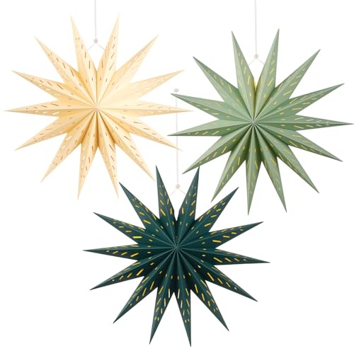 SUNBEAUTY Christmas 3Pcs Paper Stars 14 Pointed 18 Inch Hanging Paper Star Lanterns Sage Green Christmas Hanging Lamp Paper Decorations Shade Wedding Christmas Home Party