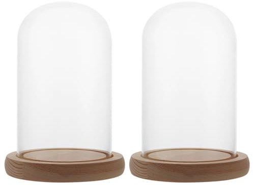 Lot de 2 Cloches en Verre Transparent avec Fond en Bois - 15 cm de Haut - Pour Poupées, Décorations de Table et Antiquités