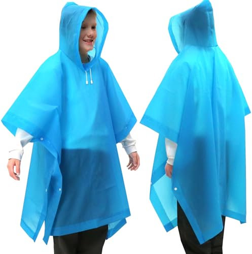 ANYOO Regenponcho Kinder Wasserdichte 2 Stück für Mädchen Jungen, Leichter Regencape Regenschutz PEVA Regenmantel mit Kapuze für Kinder Größe 100-150 cm Camping Wandern Reisen, Blau