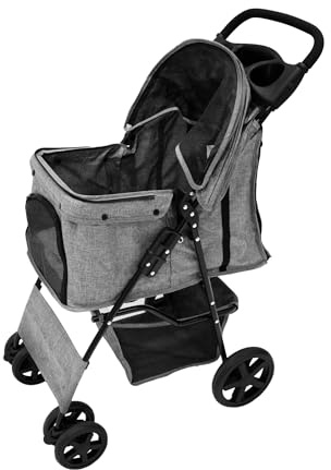 Pet Stroller Pushchair Woven Grey Carrier Foldable Trolley Travel Cart 15kg Capacity 4 Wheels Brakes Cat Dog Safety Hook Leash Cushion Canopy Mesh Windows Basket Cup Holders & Waterproof Rain Cover