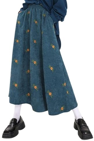 EEJBYTDI Jupe Longue en Velours côtelé avec Broderie Florale pour Femme, Jupe mi-Longue en Velours côtelé avec Poches, Jupe d'hiver avec Poches (Medium,Blue)