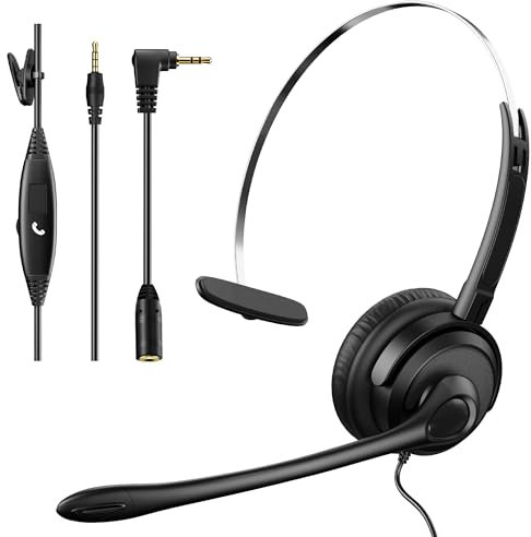 Voistek Cuffia Monaurale 2,5 mm Ultraleggera con Microfono Antirumore, Controllo Volume, per Ufficio Riunioni, Compatibile con Telefono Fisso DECT Polycom, Non per Smartphone