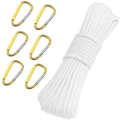 Nylonseil 6mm x 20m mit 6 Karabinern - Wetterfestes Abspannseil für Hängematten, Wäscheleinen, Camping