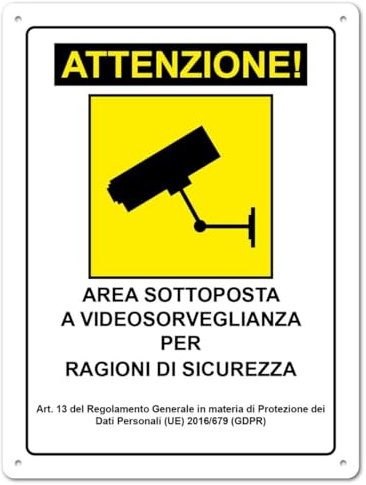 AGRICOM Cartello Area Videosorvegliata 20x30 cm | Polipropilene con Biadesivo Forte e Fori | Resistente Sole, Pioggia - Cartello Videosorveglianza Esterno Interno | Conforme GDPR UE