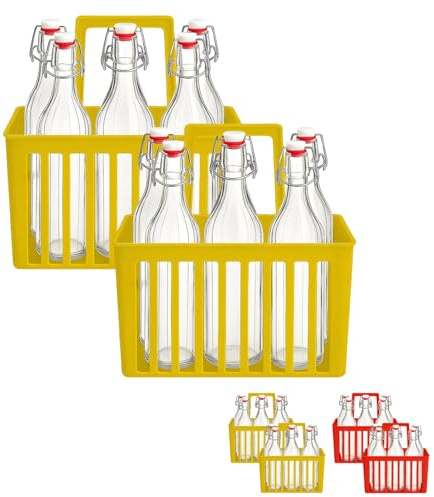 PALUPLUS Set 12 Bottiglie in Vetro da 1 Litro con 2 Cestelli Portabottiglie, Bottiglia Vintage Costolata, Porta bottiglie in Plastica a 6 Scomparti con manico per trasporto -8636/8689-11,7 (Giallo)