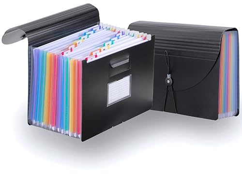 Dokumentenmappe A4 - Fächermappe mit 12 Fächern - Sortiermappe bis 1.500 Blatt - farbige Register A-Z / 1-12 / Monate - robuste PP Ordnungsmappe wasserabweisend - für Büro, Schule, Uni - Schwarz Bunt