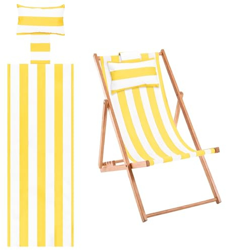 M METERXITY Beach Sling Chair Replacement Canvas 16x44.5in Striped Yellow | Folding Lounge Chair Fabric with Pillow, for Beach, Sunbathing, Courtyard, Garden, Only Replacement
