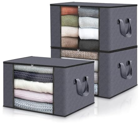 haoyuan 3 Packs of 90-Liter Clothing Storage Bags with Lids and Zippers - Reinforced Handles, Foldable Storage Box for Blankets, Quilts, Bedding Items And Seasonal Items (3)