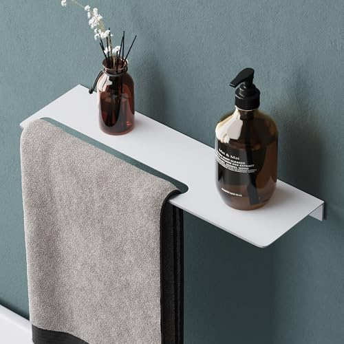 Mai & Mai Mensola da Parete Multifunzionale 40cm, Mensola per Doccia in Alluminio con Portasciugamani Mensola da Appendere per Bagno e Cucina, Bianco Opaco, Reglo-06