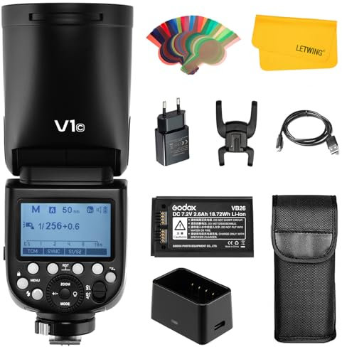 Godox V1-C Redonda Cabeza Cámara Flash para Canon, 7.2V 2600mAh Lithimu Batería 2.4G X Inalámbrica HSS 76Ws para Canon 6D 7D 50D 60D 1DX 580EX II 5D Mark Cámara