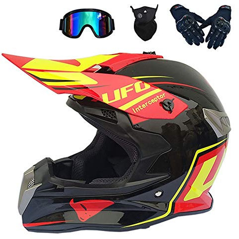 Motocross Casco Downhill Uomo - 4 Pcs/ Nero e Rosso/ UFO - MRDEAR Set da Casco MTB Integrale Adulto Casco per Moto Cross Off Road Race ATV Scooter,L