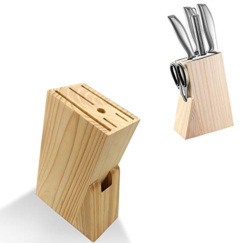 Hooshion Wooden Knife Block Countertop Knife Holder Knife Organizer with Scissors-Slot for Kitchen