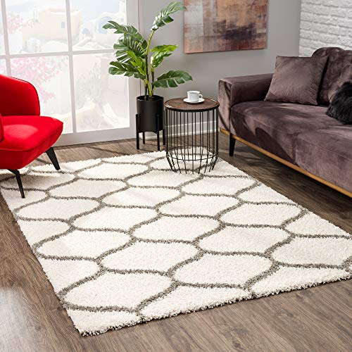 SANAT Madrid Shaggy Teppich - Hochflor Teppiche für Wohnzimmer, Schlafzimmer, Küche - Morocco Creme, Größe: 60x110 cm