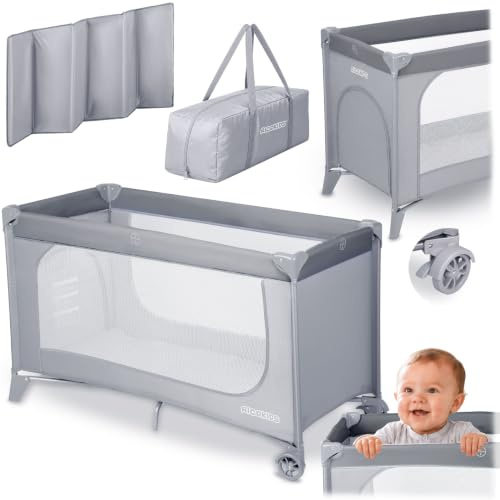 Ricokids Resesäng liten barnsäng, bärbar, lekhage, 125 x 65 x 78 cm, 15 kg lastkapacitet, vikbar, två hjul med bromsar, avtagbar sidoingång, madrass, väska, grå