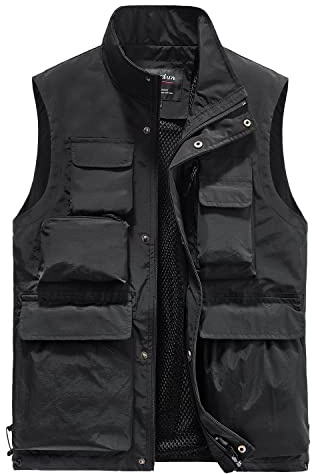 Oralidera Men's Safari Hiking Vest Outdoor Fishing Dog Training Vest Casual Multi-pocket Waistcoat Photography Sleeveless Jacket Gilet, Black, L