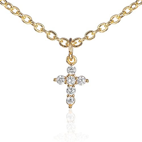 ZAVANA Collier Croix Femme Plaqué Or – Petit Collier Pendentif Croix avec Pierres Zirconium, Chaîne et Pendentifs Dorés Élégants, Bijou Fantaisie Femme ou Jeune Fille avec Pochette Cadeau