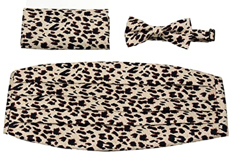 BUYYOURTIES - Men's Formal Leopard Print Cummerbund, Bowtie & Hanky Set (Tan, Brown, Black) - Perfect for Weddings, Proms & Formal Occasions