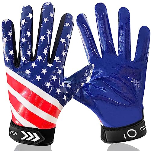 BRAMASOLE Football Gloves Youth Adult Pro 3.0 Upgrade Ultra Stick Palm Receivers Flexible Silicone High Grip Receiver Glove for Kids Boys Men Women (USA Flag, Youth Small)