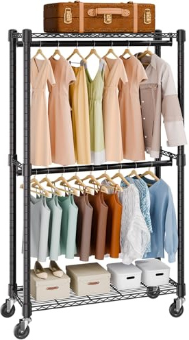 VEVOR Perchero Burro para Ropa con 4 Ruedas 2 Barras y 2 Estantes de Superior e Inferior Perchero de Acero Carga de 136 kg Perchero de Pie 915 x 450 x 2040 mm para Guardar Ropas Zapatos en Dormitorio