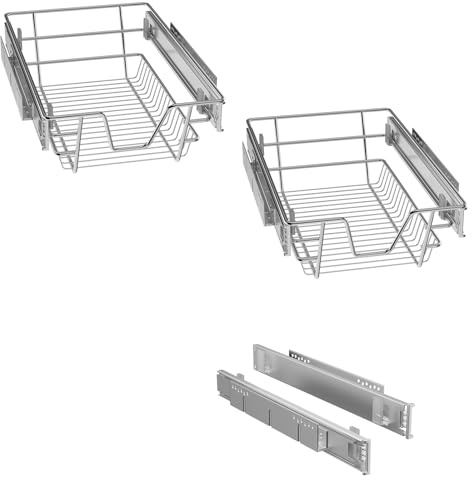LILIIN Lot de 2 étagères de cuisine télescopiques - Paniers de rangement avec tiroir - Étagère extensible - Convient pour une largeur intérieure de 27 cm - Largeur extérieure : 30 cm - Argenté