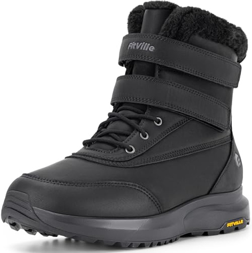 FitVille Mens Wide Width Waterproof Snow Boots, Fur Lined Winter Boots Non-slip Walking Shoes for Outdoor Hiking, Warm and Cosy Wide 9 UK Jet Black