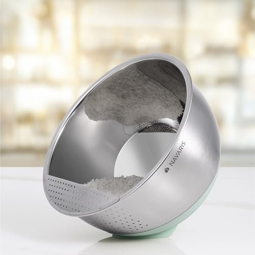 Navaris Ciotola Lava Riso Ø22cm - Scolariso e Scolapasta - Scola Pasta da Cucina - Colapasta Inclinabile da Appoggio Lavello - Scola Riso in Silicone e Acciaio Inox - Verde Menta