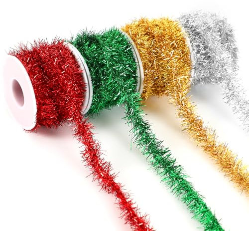 MARFOREVER Guirnalda de oropel, 20 m, guirnalda de Navidad, espumillón para árbol de Navidad, para árbol de Navidad, fiesta de cumpleaños, decoración de boda (rojo, verde, oro, plata)