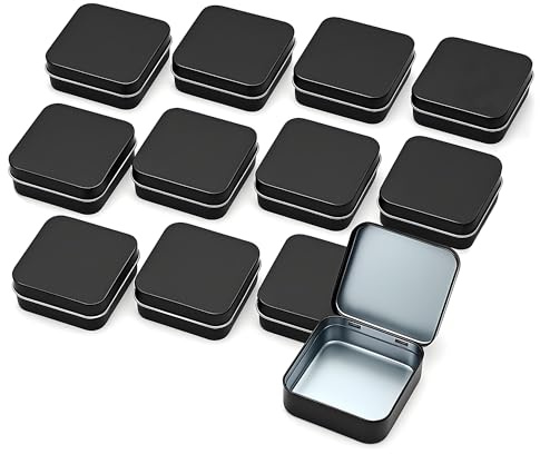 CHSZCHOMER Sturdy Metal Tin Box Set Pack of 12 Silver - Compact Storage Solution for Jewelry, Beads and More. Small Tins with Hinged Lids for Versatile Use (Black, 2.76 x 2.76 x 0.8 in)