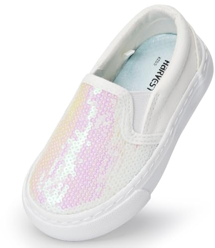 Kids Glitter Trainers Girls Canvas Sneakers Athletic Classic Walk Sport Pumps Light Slip on Outdoor Shoes GlitterWhite 8
