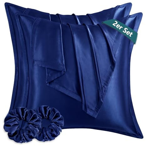 RUIKASI Satin Kissenbezug 80x80 wie EIN Seidenkissenbezug mit 2 Haargummis - seidig Kopfkissenbezug 80x80 für Haar und Haut, Pflegeleichter als Seiden Kissenbezug Silk Pillow Case, Dunkelblau