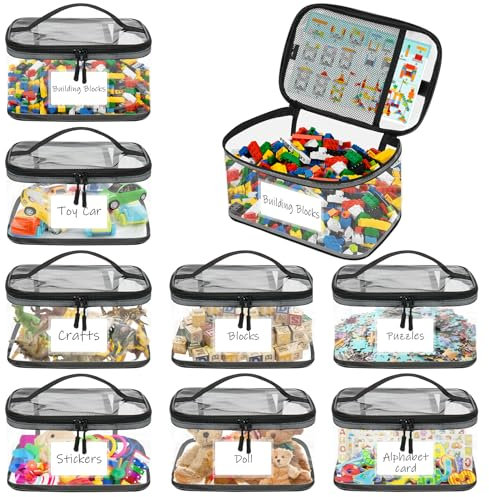 8 Pack Toy Storage Bags, Clear PVC Organizing Bags with Double Zipper and Name Tag, Reusable Waterproof Toy Container with Handle, Travel Case Pouch for Building Blocks, Puzzle, Balls, Toys