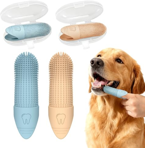Lot de 2 brosses à dents pour chien et chat - Poils à 360° - Facile à appliquer - Dentifrice et poudre de plaque dentaire pour chiens